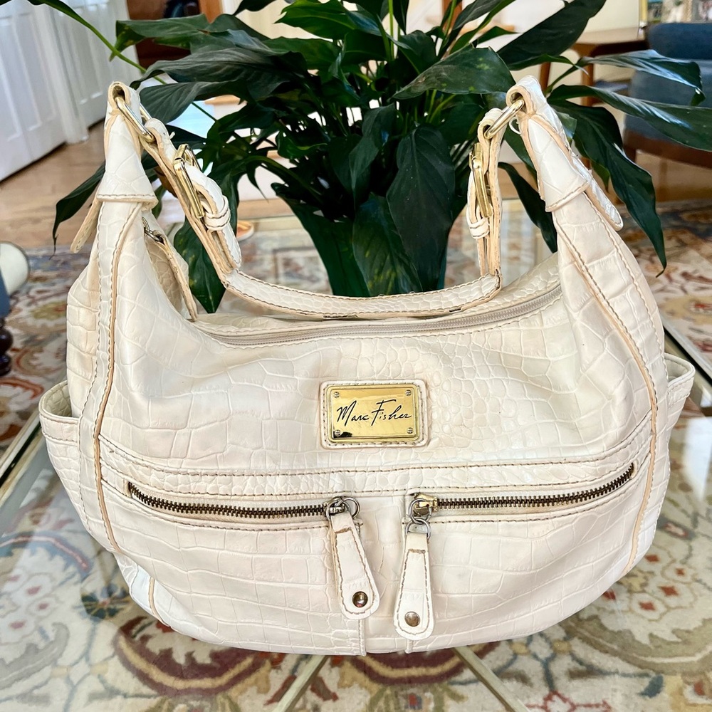 Marc Fisher Vintage Crocodile-Embossed Large Shoulder Boho Bag w/Gold Hardware